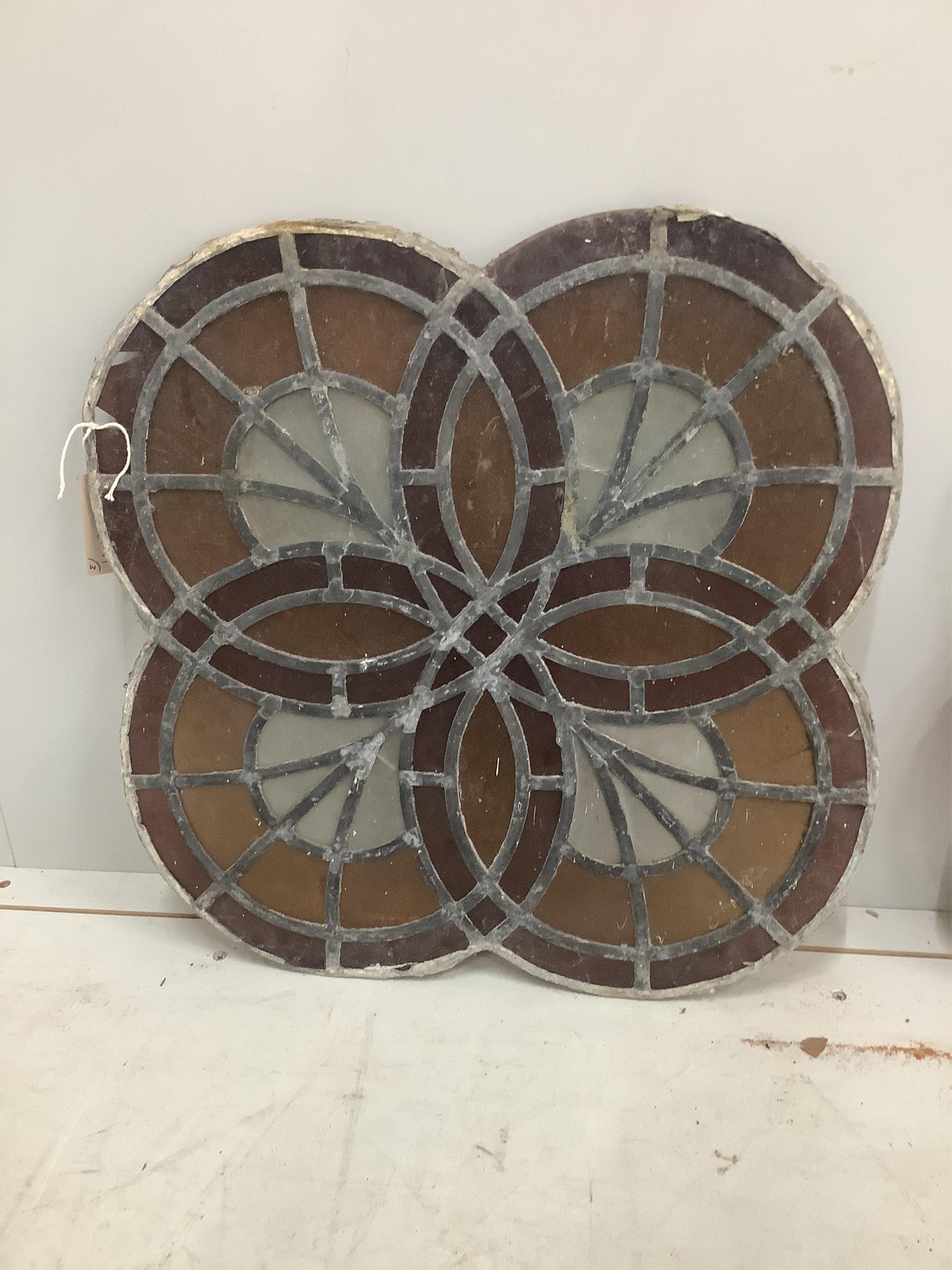 A set of three stained glass panels, 50 x 50cm. Condition - one section of glass missing and some leading missing